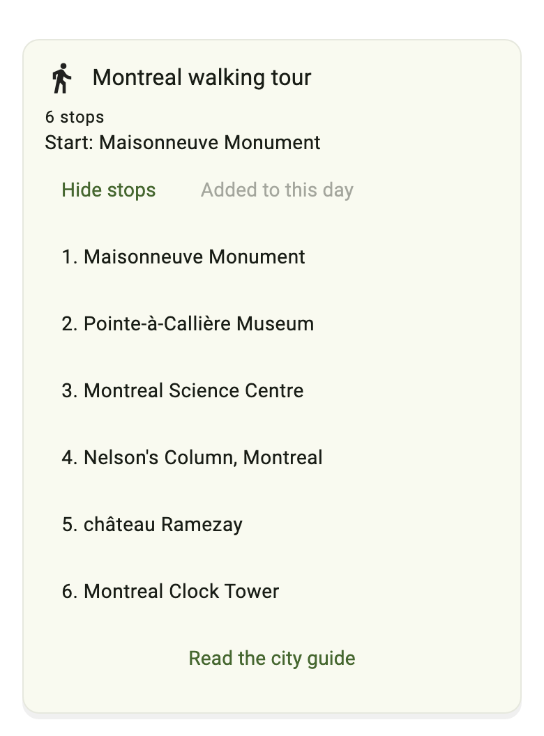 Fitopoly Explore showing the Old Montreal walking tour added to a day, with its ordered stops